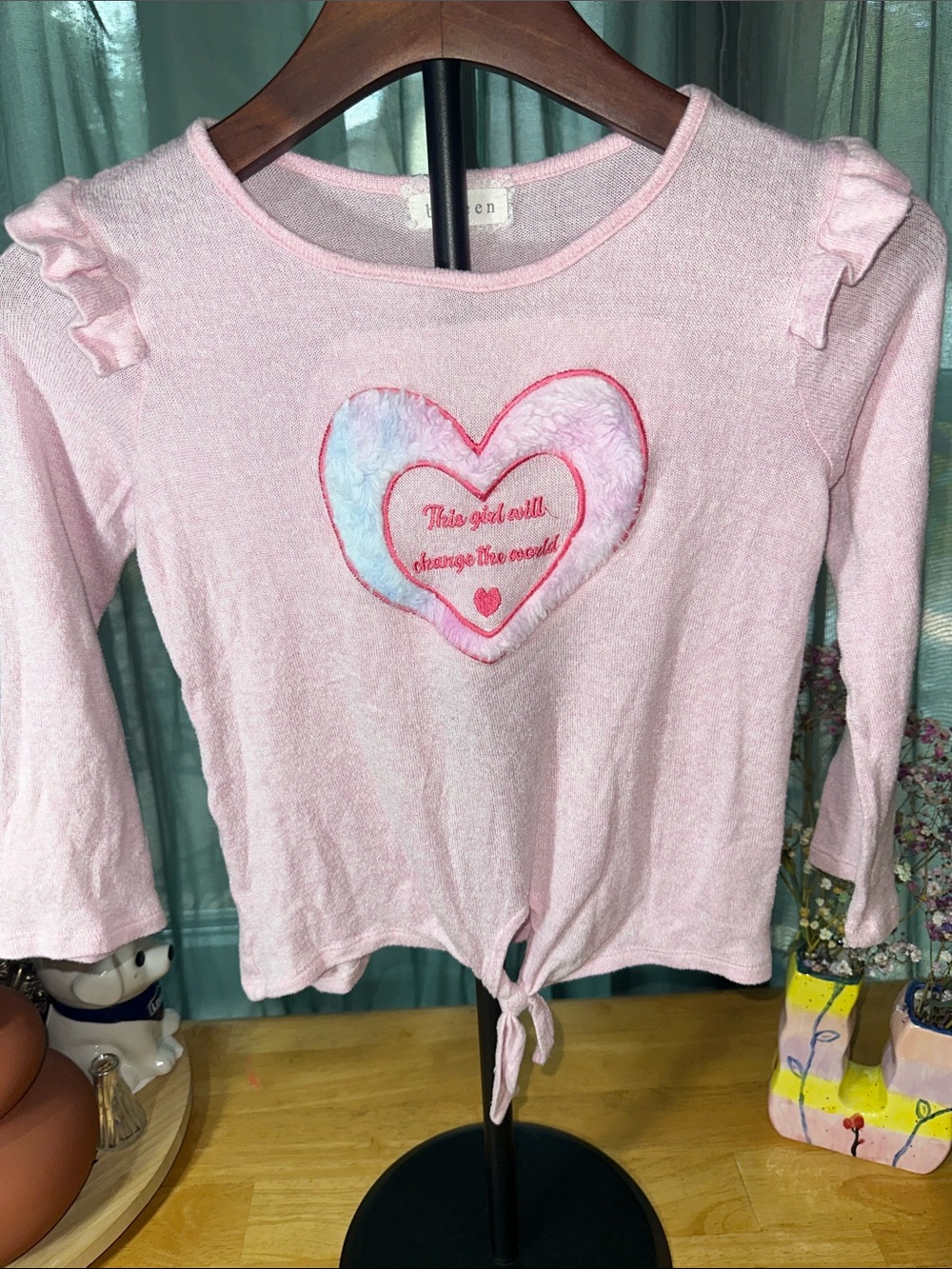 btween Light Pink Long Sleeve Tie-Front Heart Top